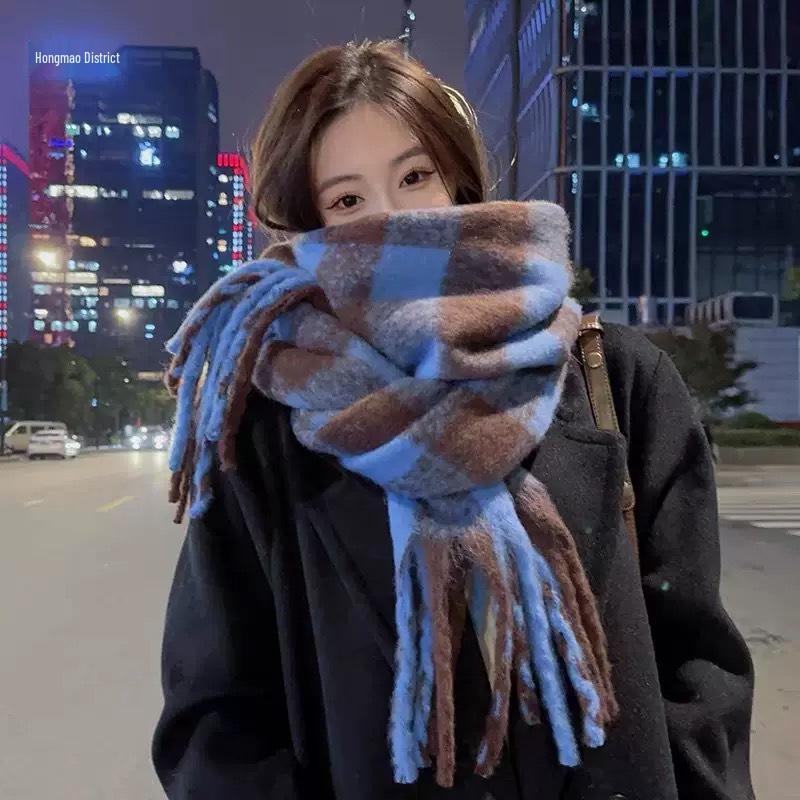 Korean Style Imitation Cashmere Plaid Scarf - Women's Warm, Thick, and Versatile Neck Warmer for Fall and Winter.