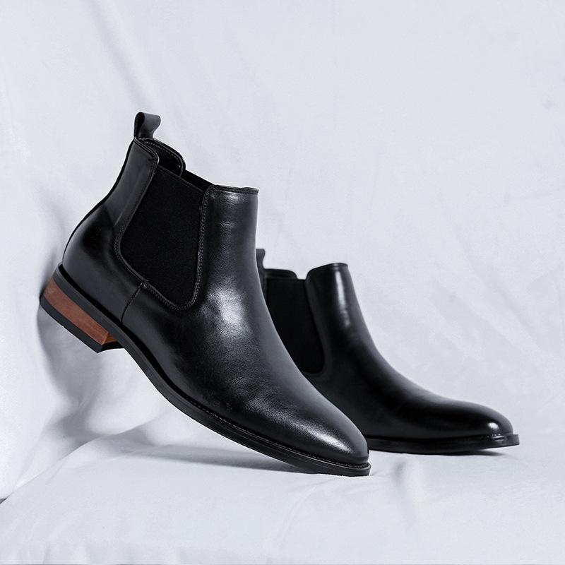Black British Chelsea Men's High Top Simple and High-end Casual Business Formal Pointed Leather Boots