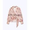 Spring New Women's Clothing Commute Style Print Long Sleeves Lapel Metallic Knot Shirt 2460146