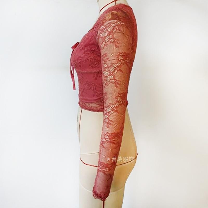 Women's V-Neck Tie Lace Pure Lust Hottie Slim Long Sleeve T-Shirt Top