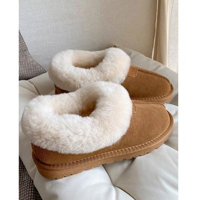 Flat-bottomed Leather Fur Integrated Snow Boots Women's New Winter One-pedal Plush Warm Fluffy Shoes Cotton Shoes