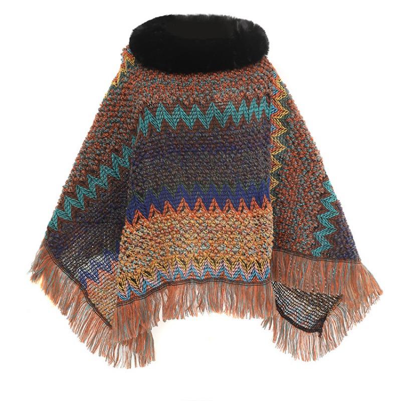 Color Ethnic Style Pullover Cape Women's Fur Collar Women's Knitted Cape Warm Autumn and Winter Shawl