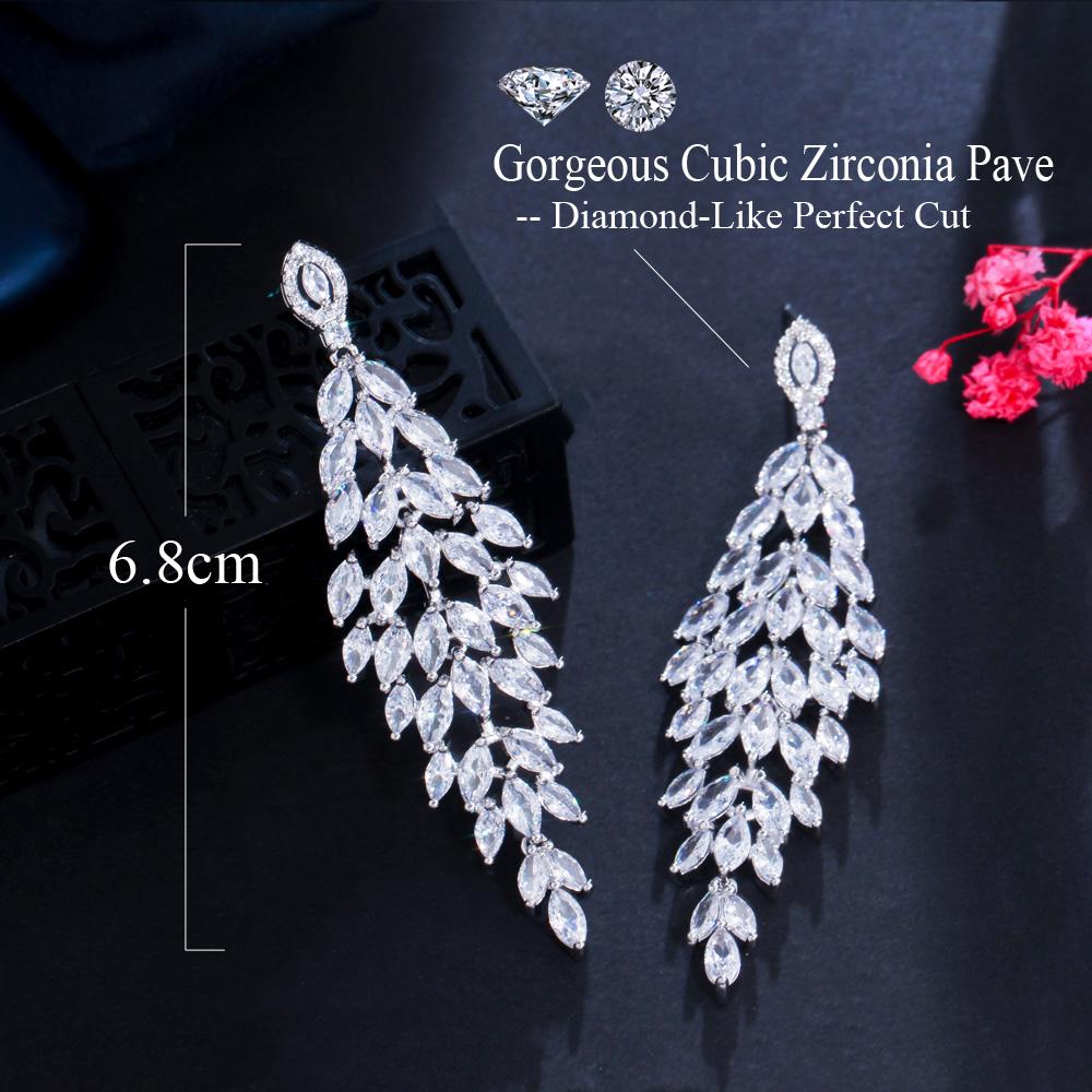 CMM Shiny Silver Color Cubic Zirconia Long Leaf Drop Earrings for Brides