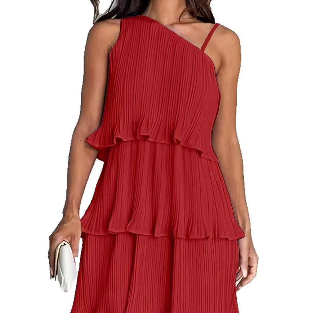 2026 European Cross-Border Women's One-Shoulder Layered Patchwork Pleated Dress