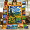 Vintage Van Gogh Art Blanket Starry Night Sunflower Oil Painting Patchwork Flannel Throw Blanket  Aesthetic Artist Home