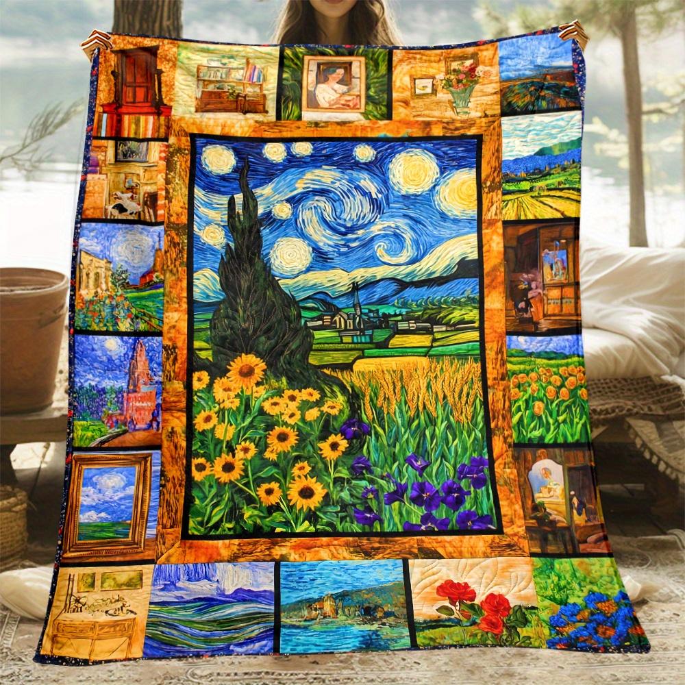 Vintage Van Gogh Art Blanket Starry Night Sunflower Oil Painting Patchwork Flannel Throw Blanket Aesthetic Artist Home