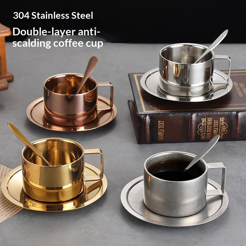 Tasse à café en acier inoxydable 170/200/250/280 ml Tasse à lait et ensemble soucoupe Avec sous-tasse Tapis Cuillère Poignée Facile à nettoyer et réutilisable