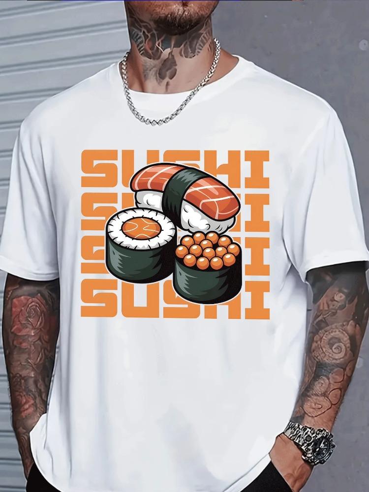 Vivid Blue Unisexs Loose Cotton Tshirt Classic Sushi Roll Seafood Food Art Print Crew Neck Teen Daily Summer Street Short Sleeve Te