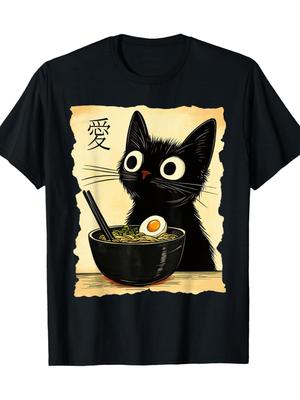 Funny Cat Ramen Graphic Tee Japanese Kawaii Anime Cat T-Shirts