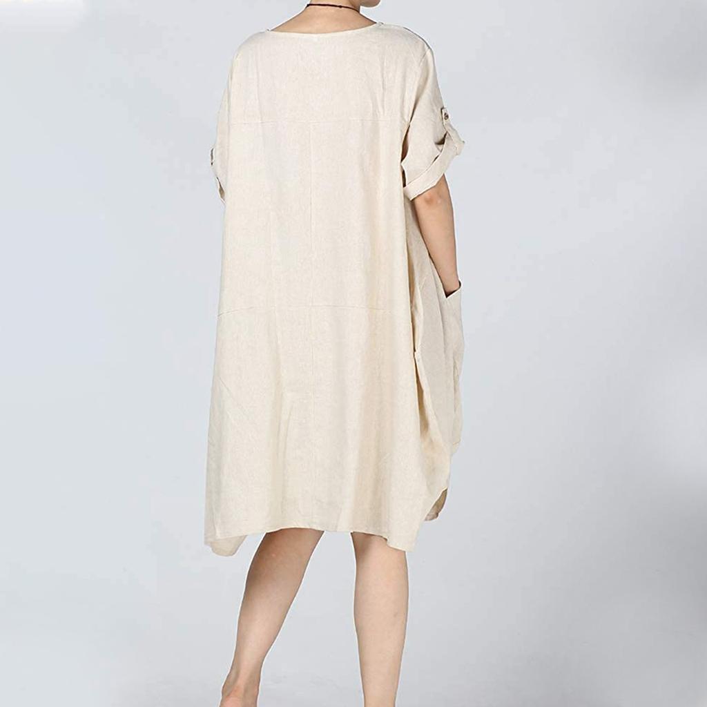 Women's Fat MM Linen Plus Size Lantern Skirt Round Neck Waist Dress