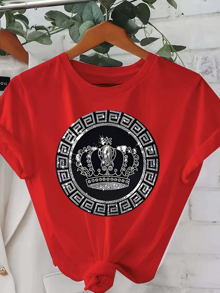Luxus Krone Medaillon Damen T-Shirt - Modernes Schickes Grafikdesign, Lässiges Weißes Oberteil