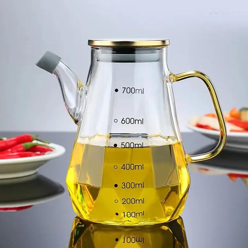 500/700/900ml Glass Oil Pots Leak Proof Diamond Oil Pot with Scale and Lid Kitchen Soy Sauce Vinegar Condiment Storage Container