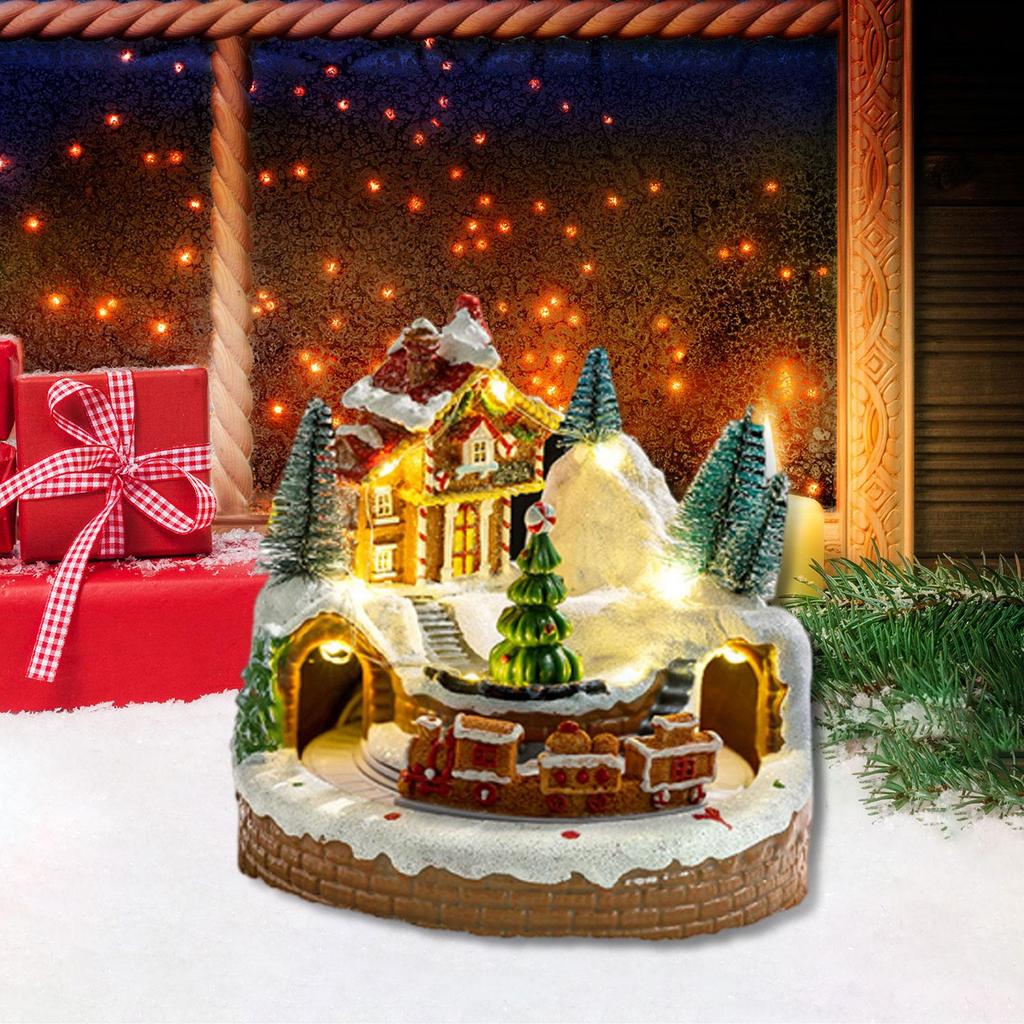 Christmas Music Box with Lights Desktop Xmas Gift for Kids Adults Holiday Decoration Seasonal Creative Resin Rotating Train