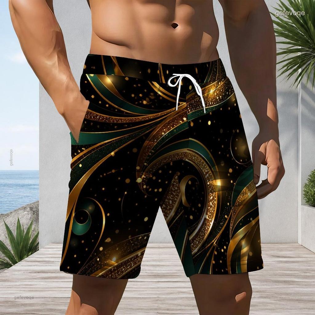 Mens Plus Size Beach Shorts Luxury Glitter Gold Dark Green Swirl Print Casual Drawstring Quick Dry Shorts For Summer Swimming Surfing Beach Holiday