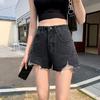 Classic and Minimalist Fashion with Black and Gray High-waisted Female Broken Holes Burlap A-line Thin Section Thin Outside Wearing Denim Shorts