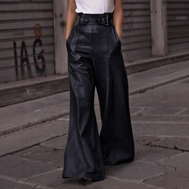 2025 cross-border Amazon new fashion leather pants high waist loose pockets waist PU leather flared pants casual trousers S