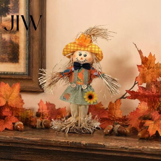 Patio Autumn Theme Decor Standing Fall Scarecrow Decoration, Rustic Halloween Thanksgiving Ornament Garden Statue with Clothes Hat for Harvest