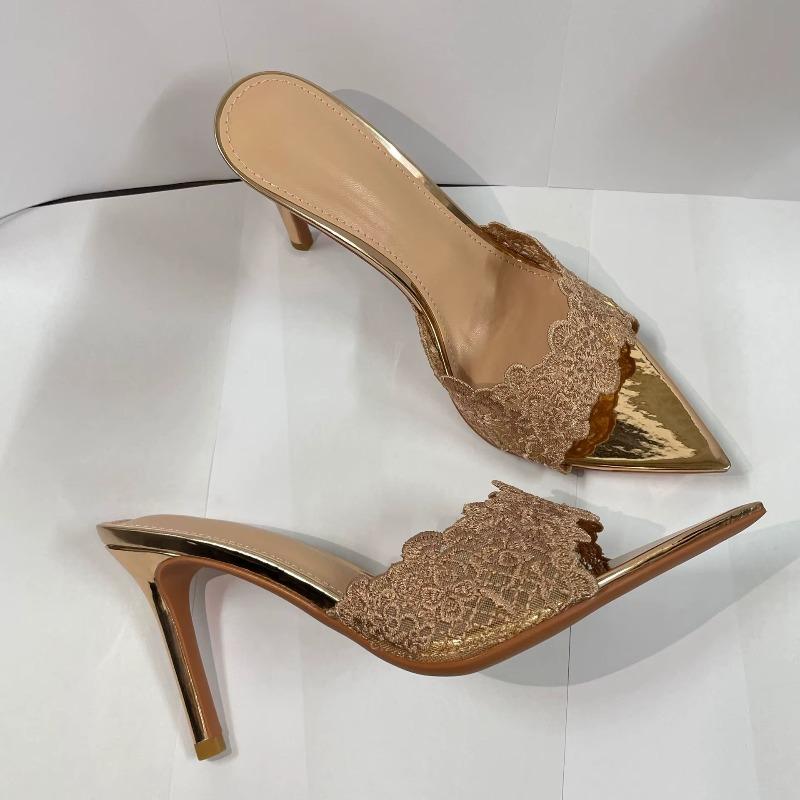 Soleist Elegant Women's Gold Lace Pumps | Pointed Toe Slip On High Heel Mules | Fashion Stiletto Shoes for Party Wedding
