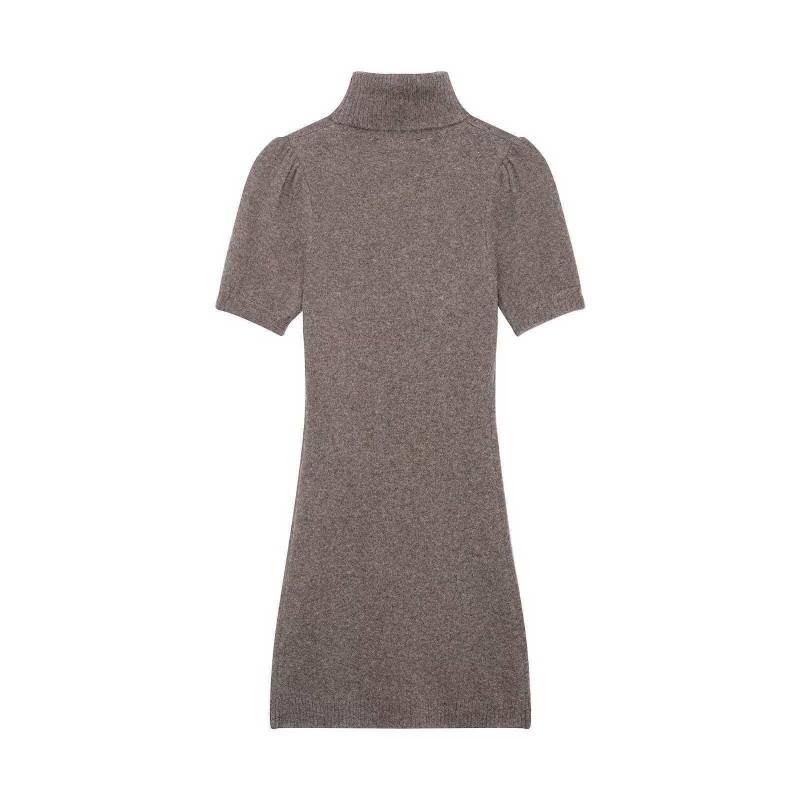Womens Slim Fit Solid Color Knit Mini Dress High Neck Short Sleeve Street Chic Everyday Wear