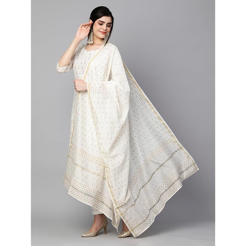 GoSriKi Women s Chanderi Cotton Straight Printed Kurta with Pant & Dupatta (Saligram Cream-GS_XXL_Cream_XX-Large) 2XL кремовый