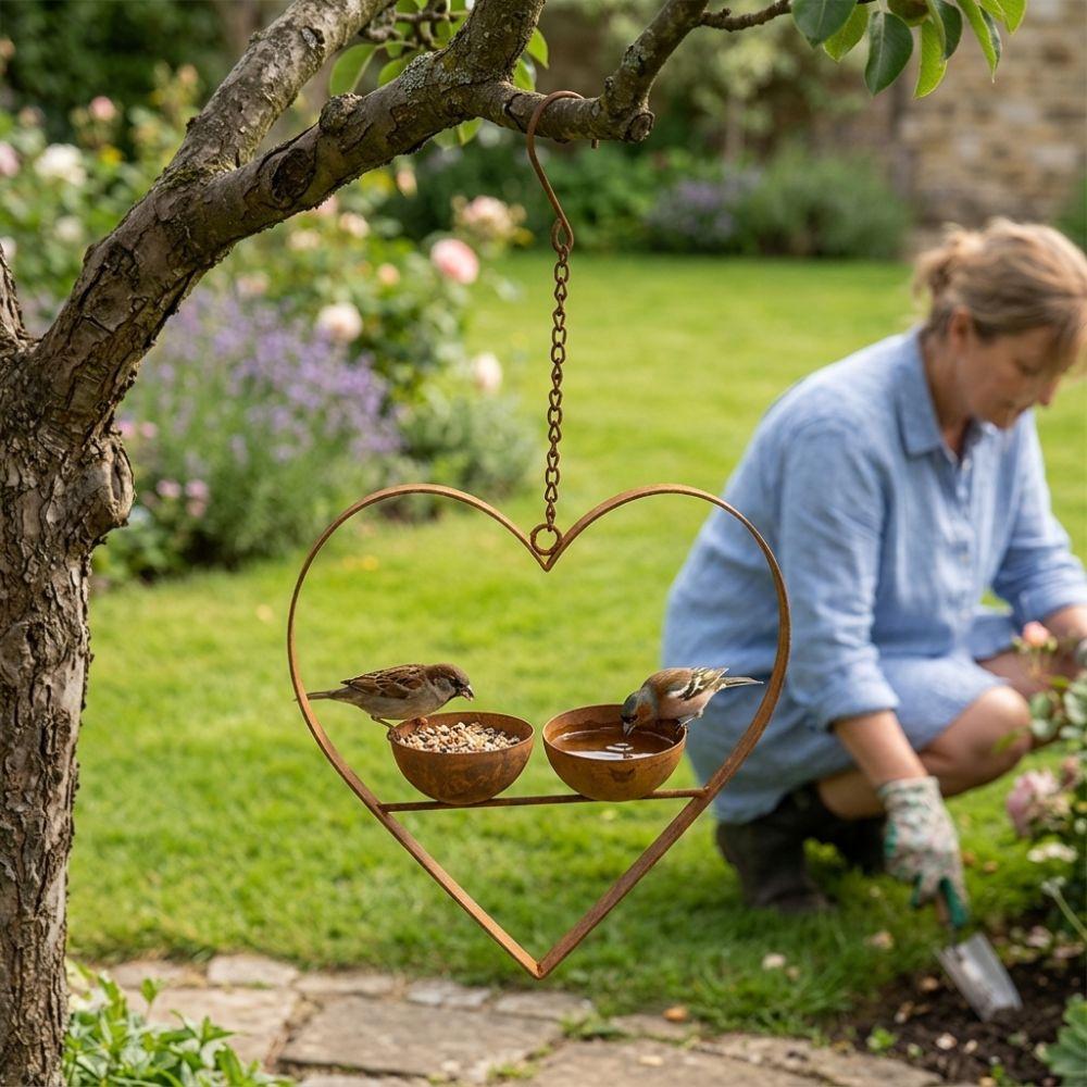 Large Capacity Heart Shape Bird Feeder Double Bowl Bird Water Drinker  Outdoor Use