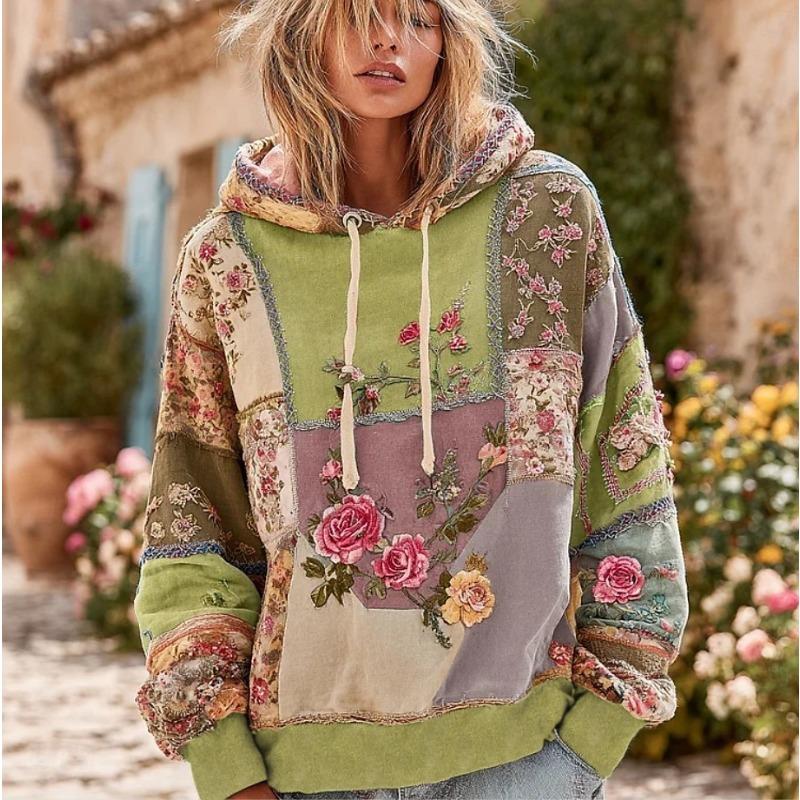 JKASHDK Women's Fashion Casual Flower Pattern Print Long Sleeve Hooded Hoodies & Sweatshirts