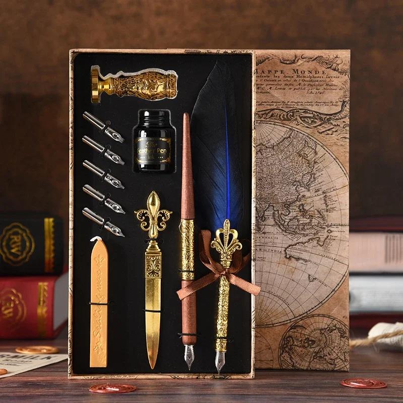 

Набор гусиных ручек в европейском стиле с чернилами, новые ретро-перьевые ручки для погружения, оптовая продажа, лаковая печать, студенческие карандаши для погружения, перьевые ручки, подарки