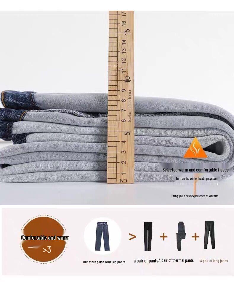 Women's Light Blue Fleece-Lined Wide-Leg Jeans - Winter New Straight-Leg Warm Pants for Students