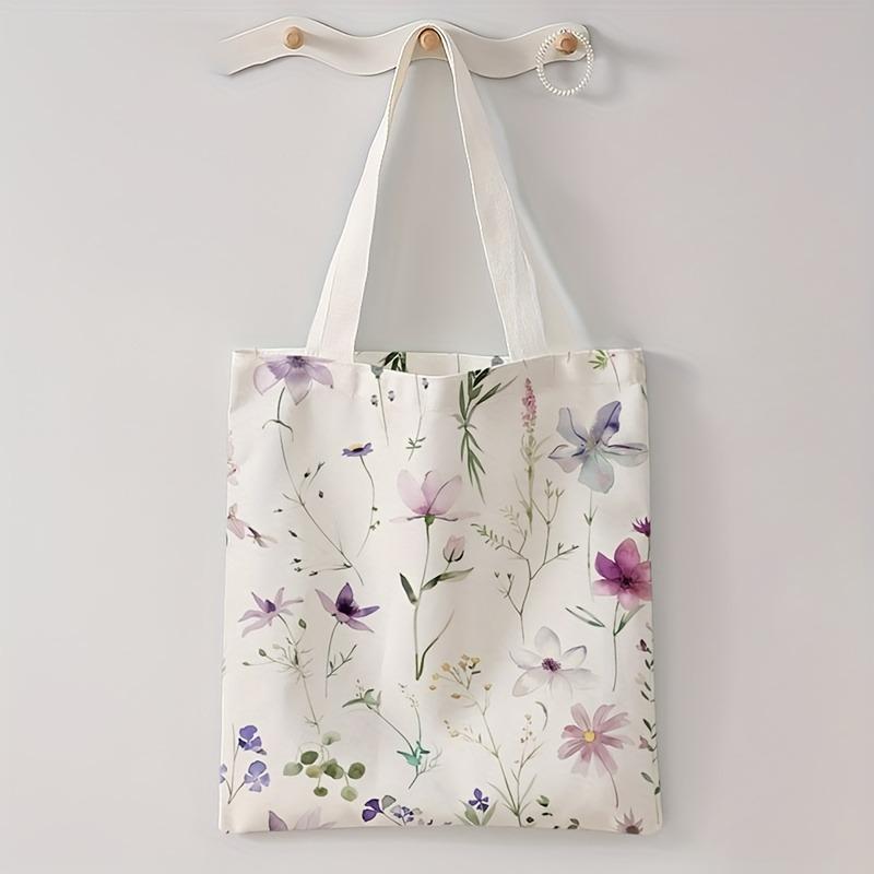 Floral Letter Pattern Printed Tote Bag Able Reusable Shoulder Bag Polyester Handbag Lightweight Casual Shopper Bag