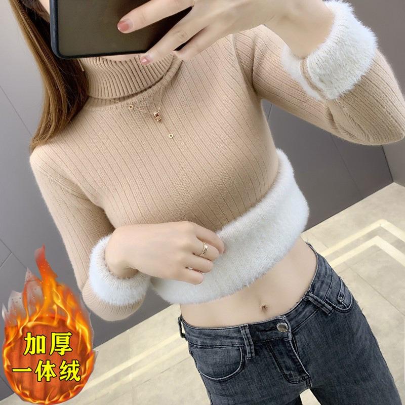 One-piece Fleece Thickened Semi-turtleneck Sweater Female Slim Primer Autumn and Winter New Thickened Fleece Knitted Sweater Solid Color Inner