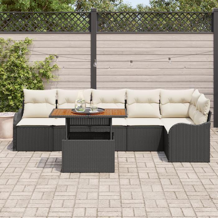 Canapés de jardin 7 pièces avec coussins noir poly rattan acacia 3349466