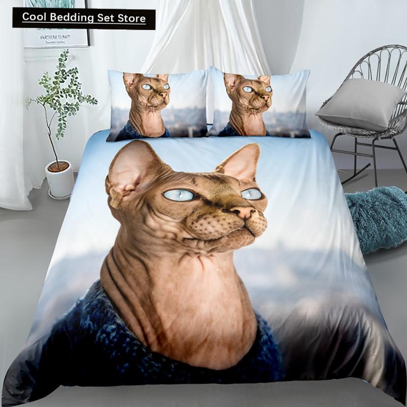 Sphynx Cat King Queen Duvet Cover Lovely Pet Kitty Bedding Set for Kids Teens Adults Animal Grey 2/3pcs Polyester Quilt Cover