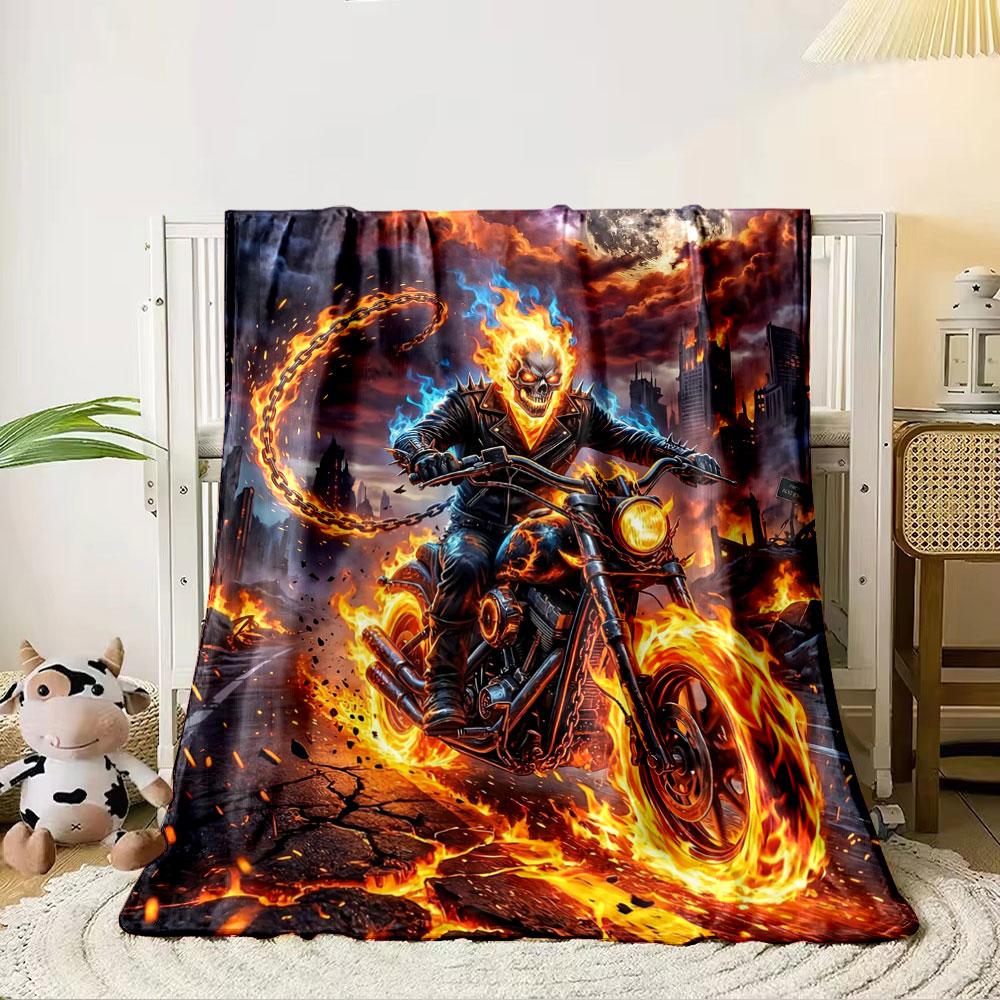 Fiery figure on a blazing motorcycle amidst a dramatic, flaming cityscape. for all seasons blanket lunch break throw gift 80cm x 120cm