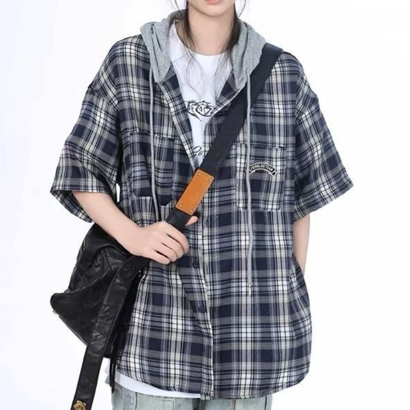 Hooded Short-sleeved Shirt Women's Design Sense Niche Summer Loose Plaid Shirt Trendy Commute Outside Vintage Loose Women Casual Top