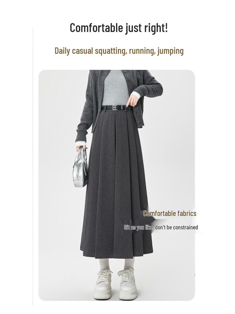 Elegant High-Waist Wool Pleated Midi Skirt for Women - Perfect for Autumn & Winter