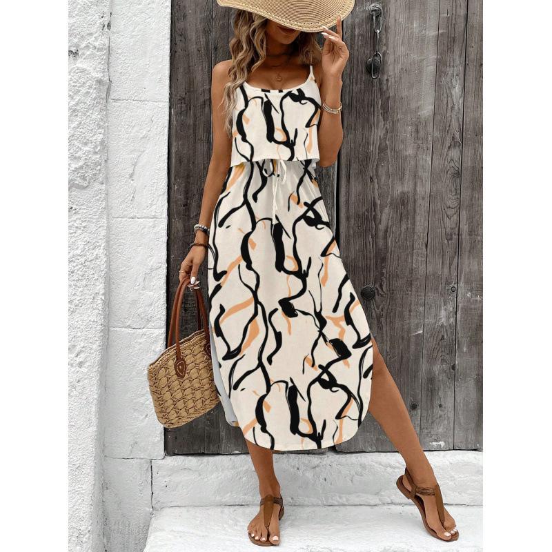 Strappy Printed Dress - Elegant Ink Silk Gauze for Commute and Casual Wear