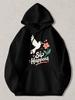 Black Pullover Hoodie with White Hummingbird And Pink Flower Graphic, Sip Happens Text Print, Casual Long Sleeve Sweatshirt for Da