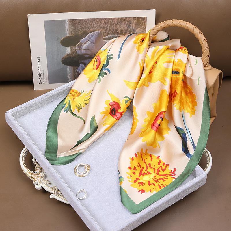 70*70 Dark Green Horse Print Square Scarf Vintage Cartoon Imitation Silk Neck Scarf Bandana Classic Head Wrap Hair Accessories