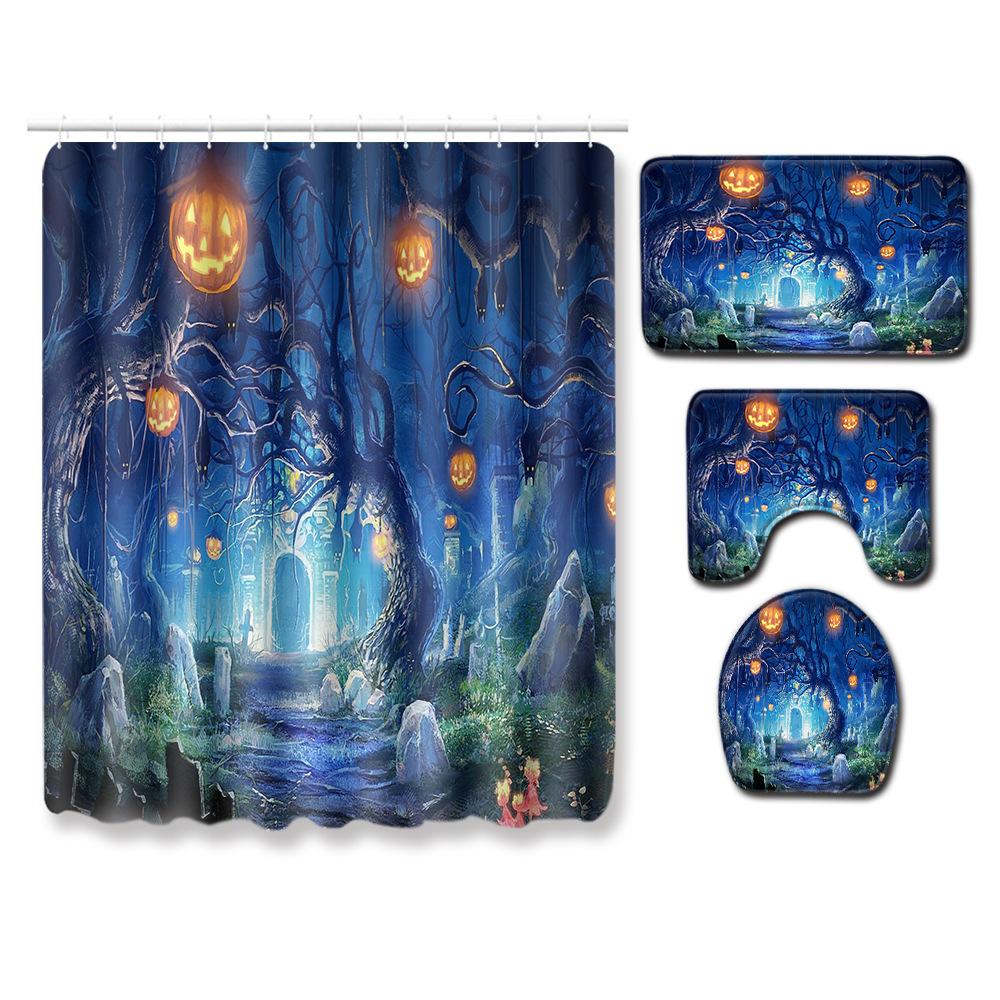 Halloween Series Bathroom Shower Curtain Floor Mat Toilet Cover Foot Mat Four-Piece Pattern Size