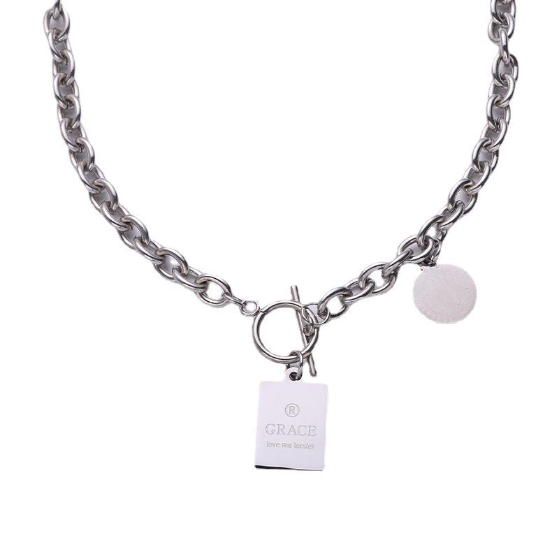 Unisex European & American Hip-Hop Titanium Steel Necklace with Letter Square, OT Buckle, Chain Design.