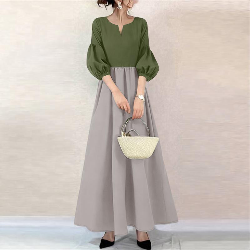 ZANZEA Lässiges, langes Kleid mit V-Ausschnitt und 3/4-Ärmeln für Damen