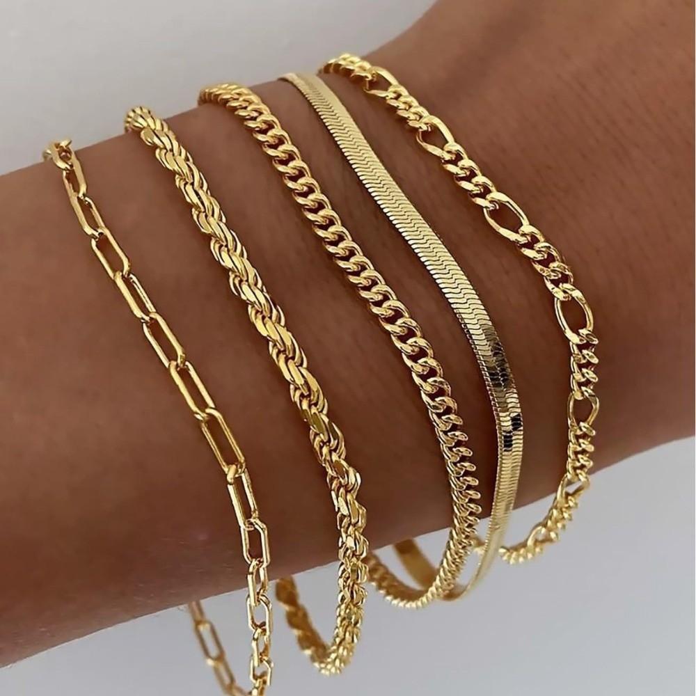 5/6Pcs Multi-layer Cuban Chain Bracelets Gold Color Metal Chain Bangles Chain Bracelet Set Jewelry