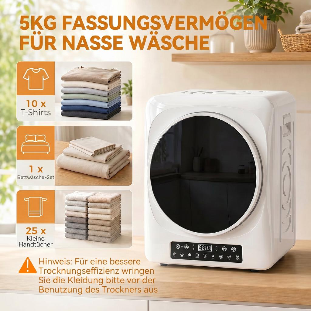 1000 W Kompakter Ablufttrockner mit Extra-Trocken- & ECO-Modi, Timer und Temperatureinstellungen, Weiß