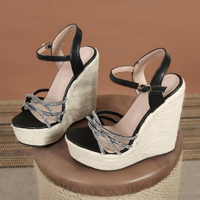15CM Wedges Heel Platforms Sandals Chunky Sole Open Toe Crystal Straps Women's Fashion Sandals Zapatos De Mujer Size 34-42