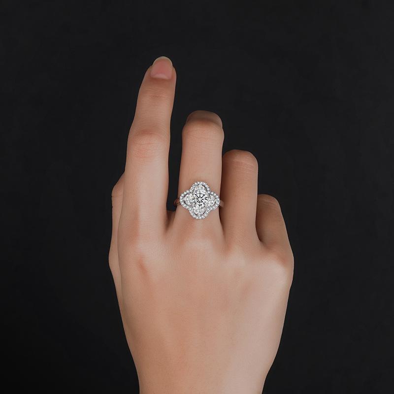 FIRERING 1 Moissanite Clover Ring with Passed Diamond Test S925 Silver Women Romantic Jewelry Gift