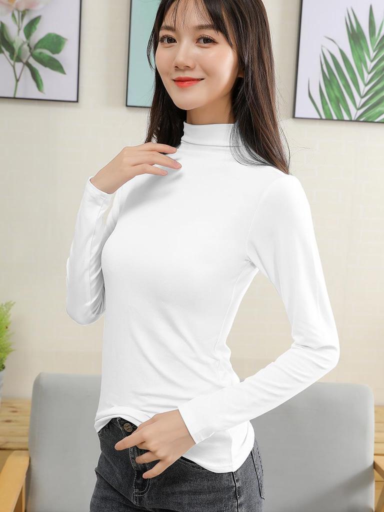 Women's Modal Long Sleeve Semi-High Neck Shirt - Versatile Autumn/Winter Mid-Neck Top