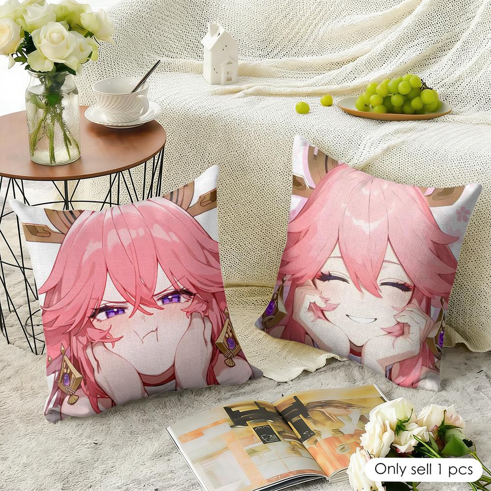 Yae Miko Genshin Impact Cushion Cover Natural Linen Organic Fabric DoubleSided Printing Sofa Home Decor Gift Pillow Case