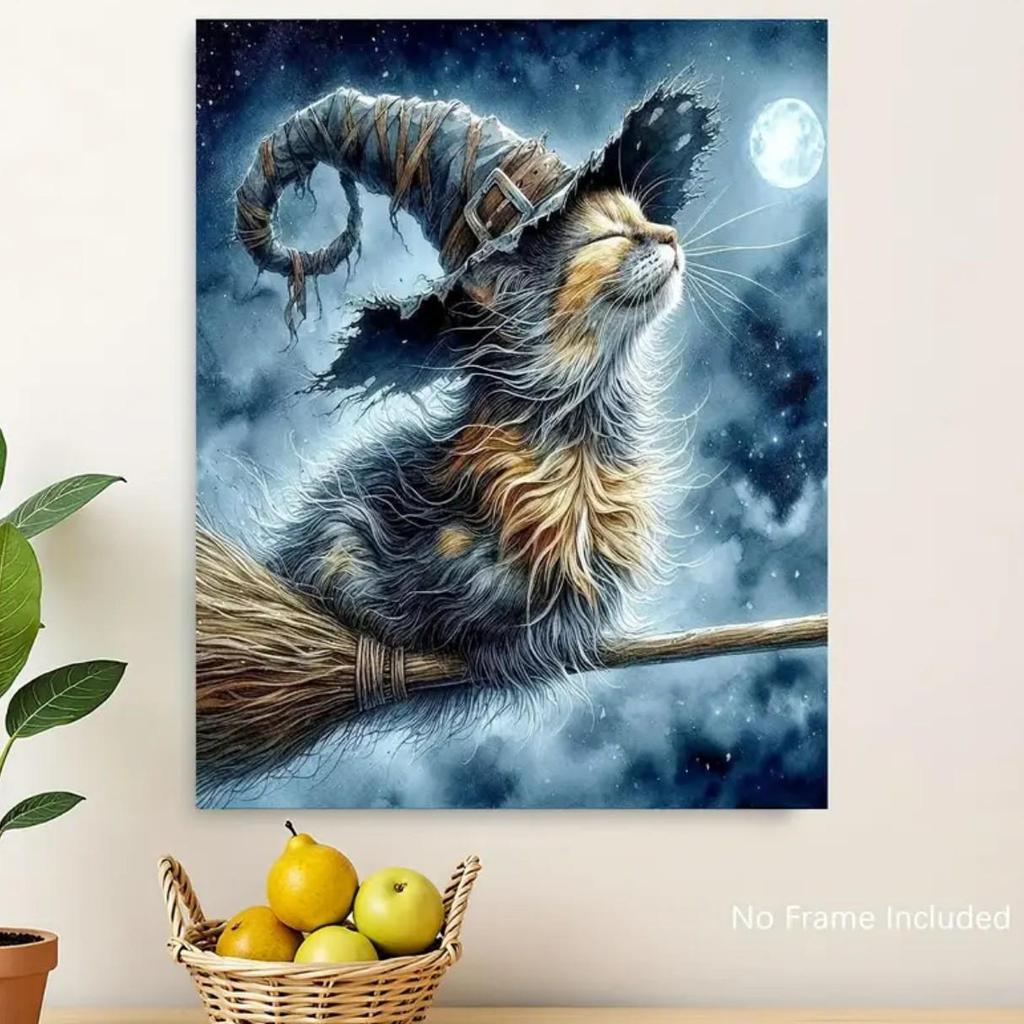 Halloween Cat Oil Painting on Canvas with Pine Wood Frame