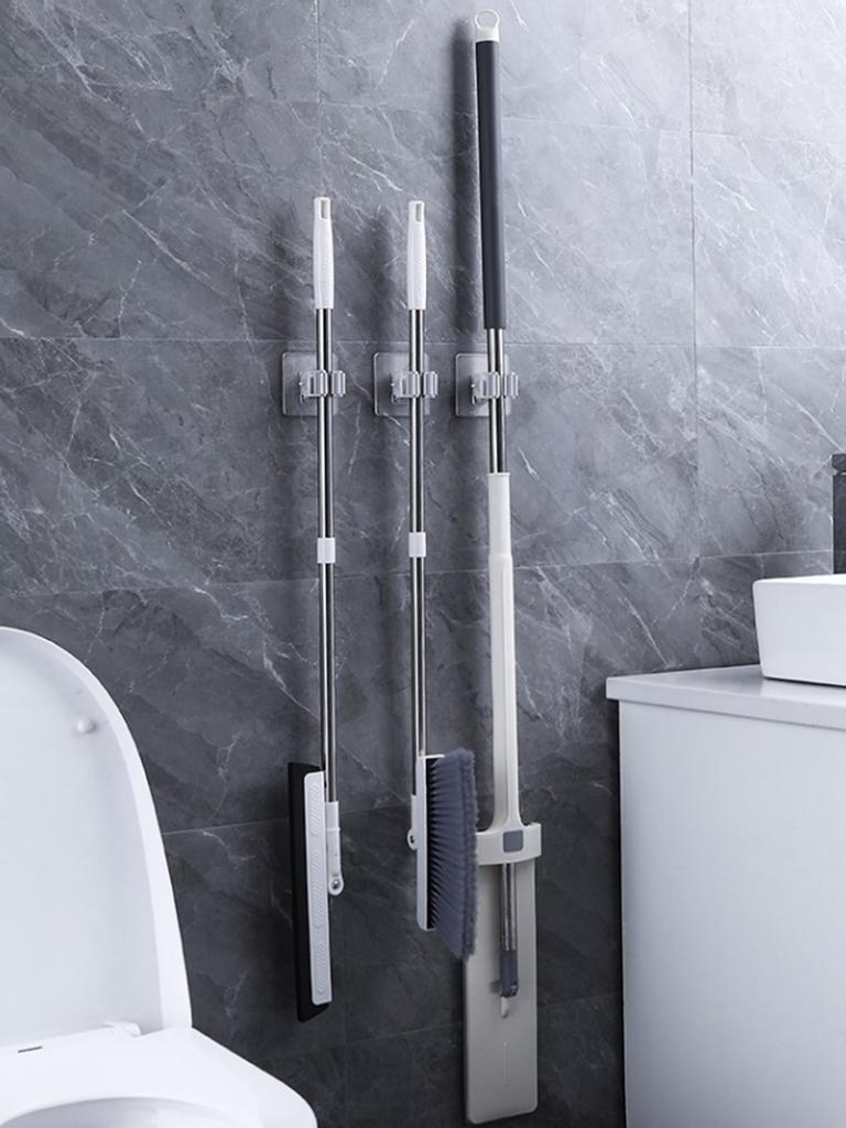 2pcs Perforated Transparent Mop Holder Clip Toilet Broom Storage Rack Wall Mounted Strong Hook