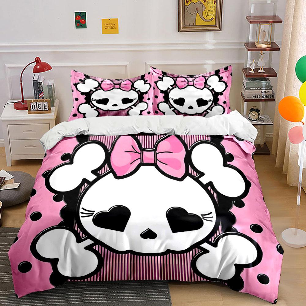 Pink Skull Pattern Gift Set Kid'S And Adults' Bedroom Decor, Exquisite Three-Piece Bedding Set Gift